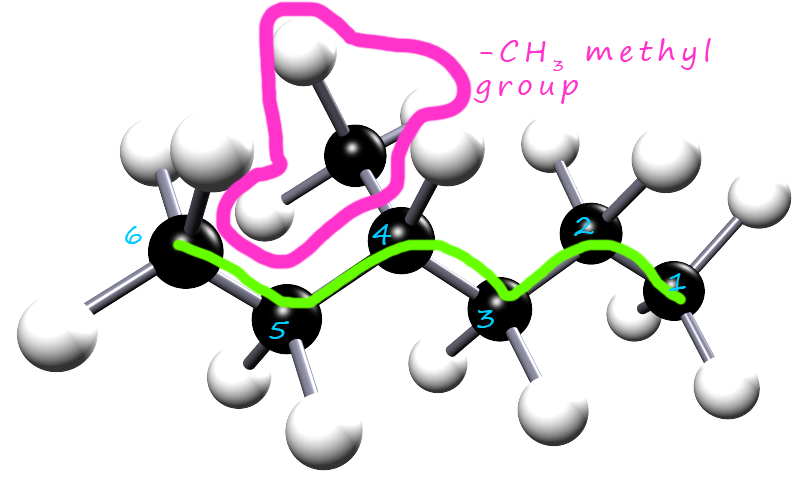 3D model showing chain isomer of hexane.